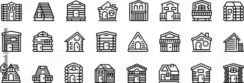 Wooden cabin icons set outline vector. Wood tree home. Village small camp