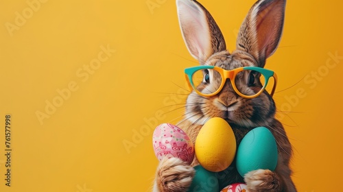Easter bunny before a yellow solid colored background with easter eggs in his hand. 