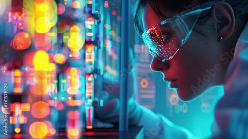 Focused Research in High-Tech Lab. A researcher's focused face reflects the multicolored lights of a high-tech lab, symbolizing the intersection of science and technology.