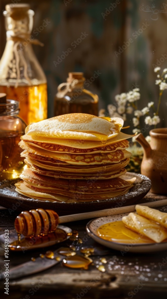 greeting card 3D, with Maslenitsa, pancakes, honey