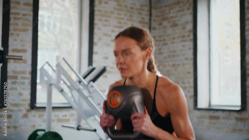 Woman lifting kettlebell with determination. Gym workout with kettlebell. Strength training in action. Fitness focus with kettlebell lifting. Woman performing core exercise in gym. Fitness enthusiast 