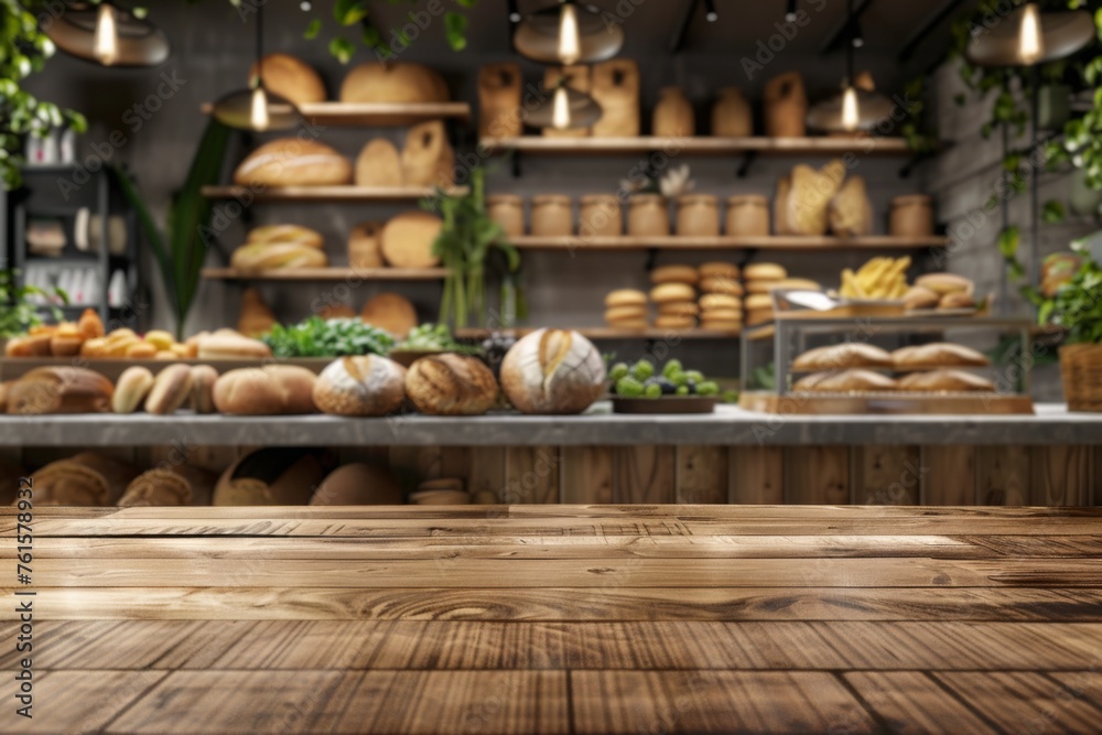 Blurred eco-friendly vegan grocery with wooden wall, parquet floor, and diverse bread selection on shelves—a backdrop for healthy shopping and interior design.