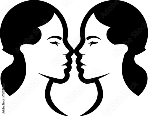 Symmetrical Silhouette of Two Female Faces in Profile View Suitable for Concepts of Duality and Perception