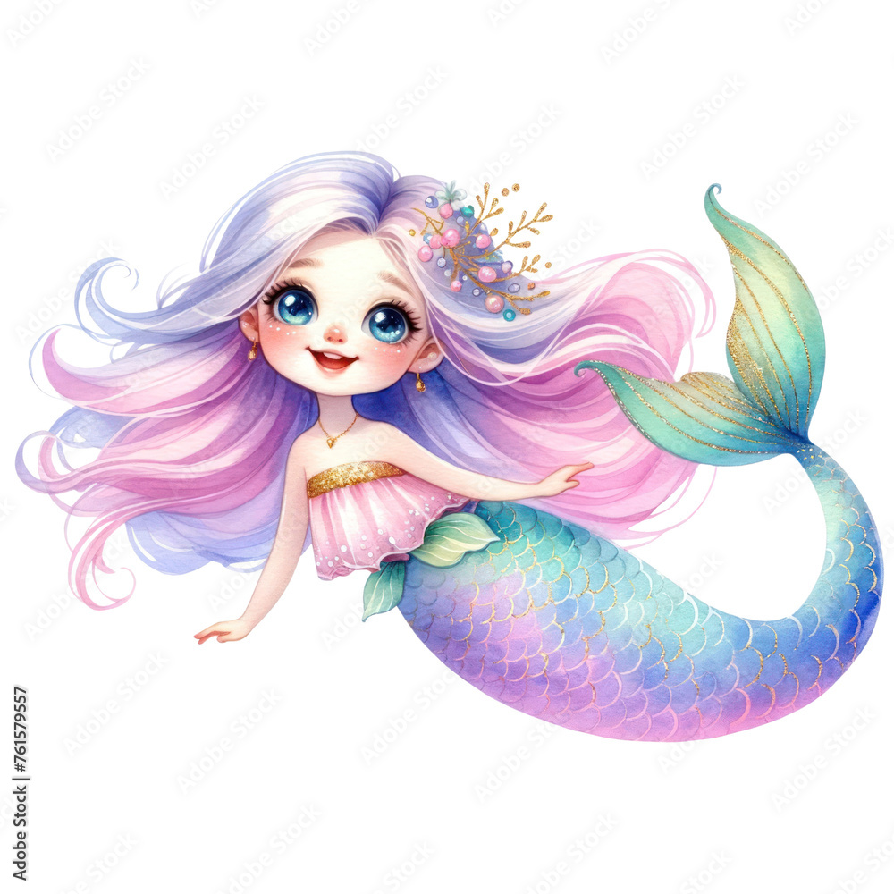 Little Mermaid character cartoon watercolor illustration , watercolor clipart , isolated