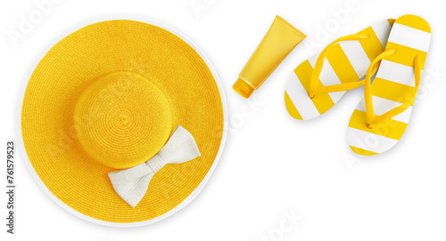 Top view of sea beach holiday accessories: Yellow sun hat, flip flops and sunscreen. Summer beach vacation banner sign, copy space isolated on white background