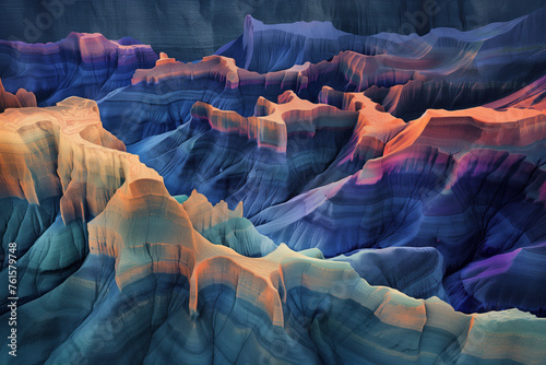 Surreal colorful landscape inspired by Grand Canyon. Rock texture, rock formations. Abstract colorful background image. Created with Generative AI technology