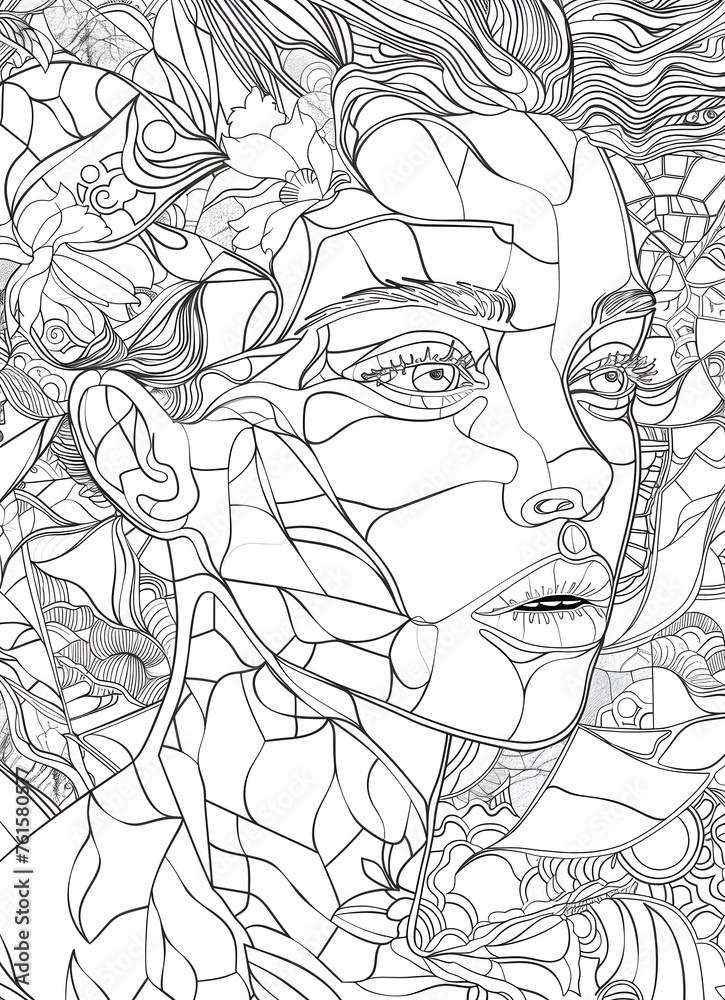 Naklejka premium Coloring page for adults. Close-up portrait of a woman.