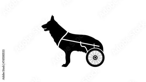 Paralyzed dog on wheelchair cart, , black isolated silhouette