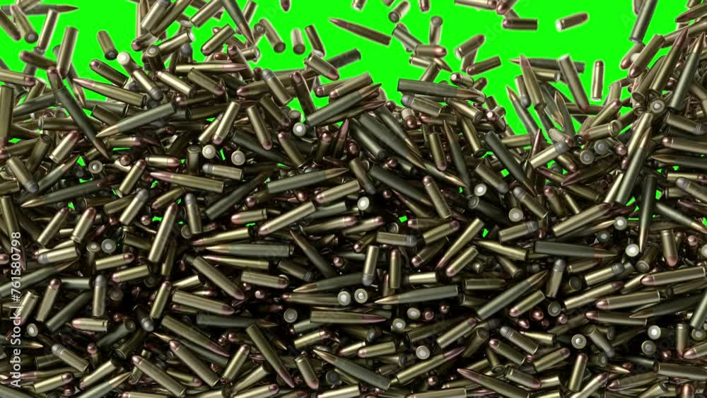 Different types of ammunition falling down. A lot of bullets drooping and stacking. Many ammo raining down and fill in the screen. Enormous number of bullets animation with green screen, on chroma key