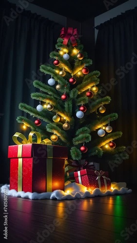 Christmas tree with a red star and bright lights, gifts at the base, on a dark background. Concept: Festive mood, Christmas decorations.