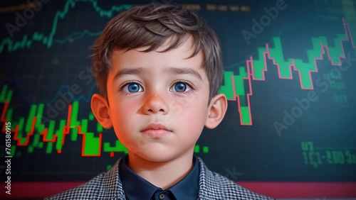 A boy in a suit against the background of a screen with stock market charts. Concept: Finance education, early development.