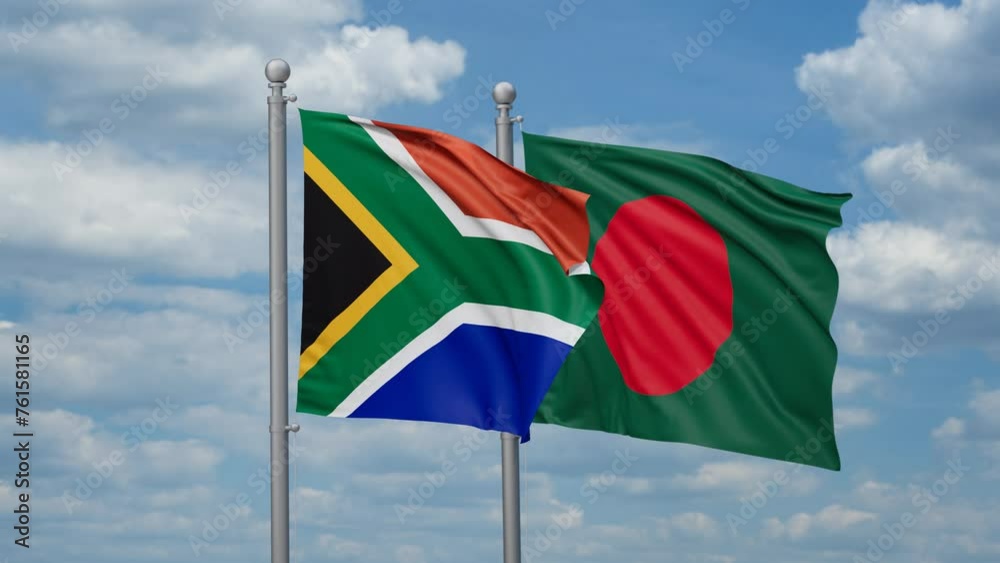 Bangladesh and South Africa two flags waving together, looped video, two country relations concept Bangladesh and South Africa two flags waving together, looped video, two country relations concept