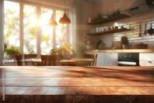 Beautiful empty brown wooden table top and blurred defocused window with building cityscape tower background with daylight flare, product montage display