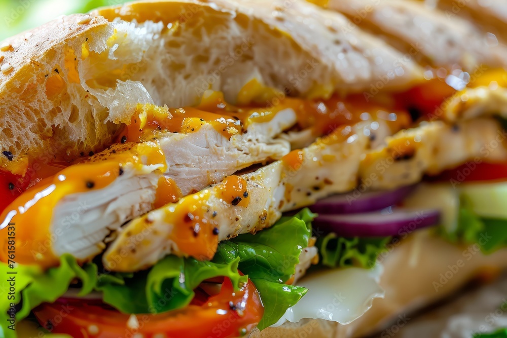 Close-Up of Deluxe Chicken Sandwich with Fresh Ingredients