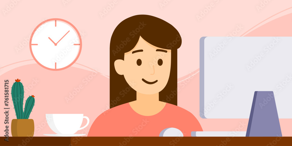 An adult woman is working with a computer, work from home, vector of illustration