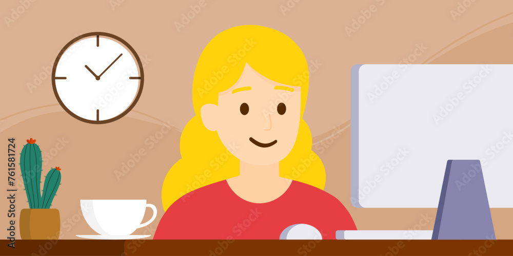 An american woman is working with a computer, work from home, vector of illustration An american woman is working with a computer, work from home, vector of illustration