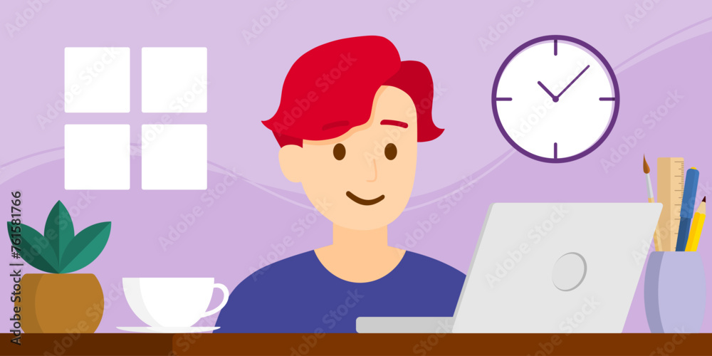 A boy is working with a laptop, work from home, vector of illustration A boy is working with a laptop, work from home, vector of illustration