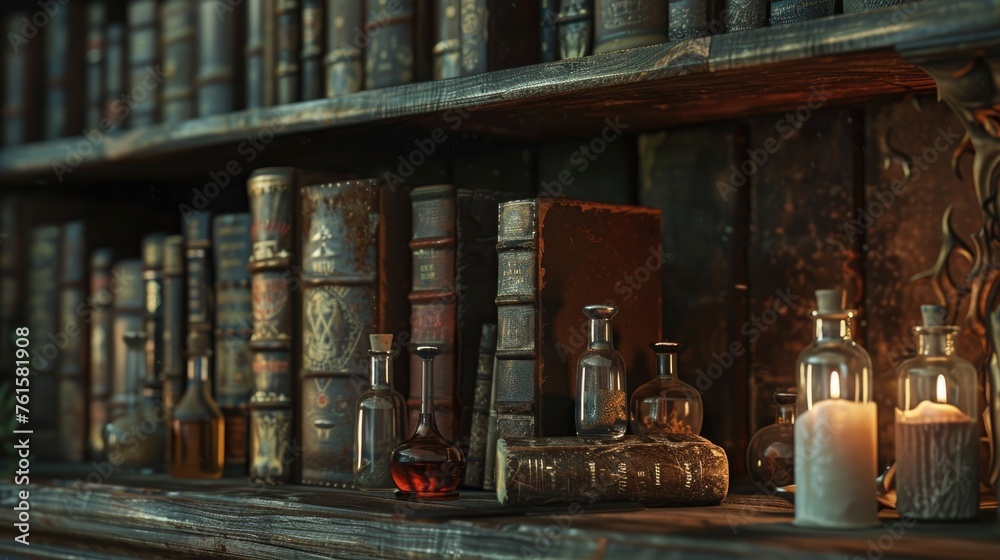 dark academia library book shelfs with old world leather bound books with potion bottles randomly placed with the book