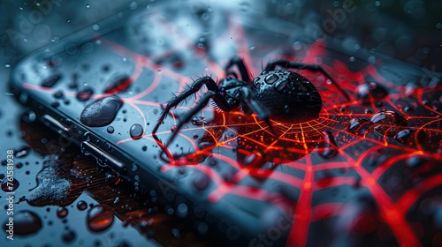 A smartphone with a black widow spider clinging to the top of the smartphone. A mysterious and intriguing and dangerous concept.