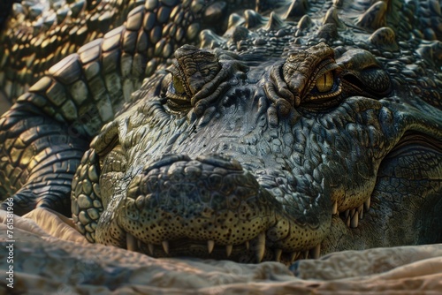 side scene of a large crocodile with a Machiavellian expression ultra-realistic photo