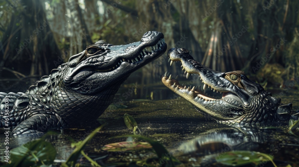 Obraz premium a background of Florida swampland with the subject consisting of an American alligator in mortal combat with a Caiman crocodile