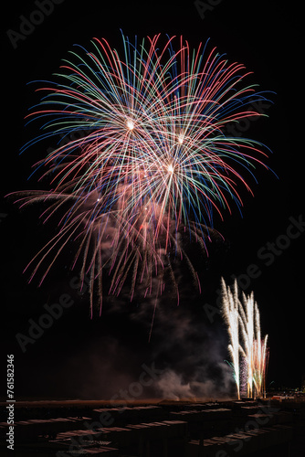 View of fireworks on the beach at night in the city of Knokke on the Belgian coast 