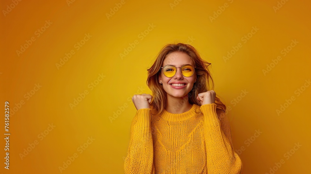Portrait of an energetic young woman wear yellow shirt and jumping with fist raised in empty space isolated on yellow background. Portrait of an energetic young woman wear yellow shirt and jumping with fist raised in empty space isolated on yellow background.
