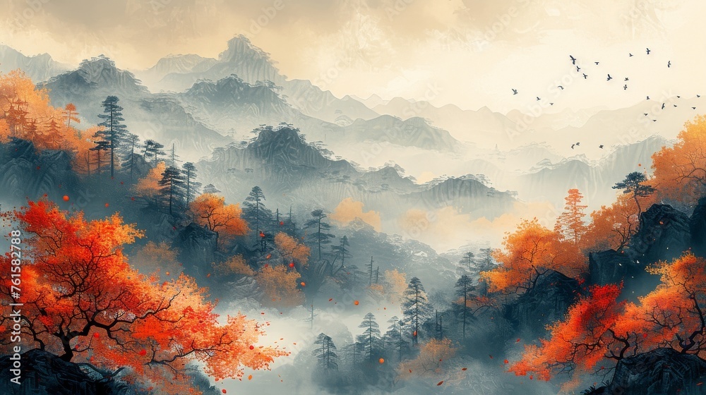 Decorative wallpaper, ink wash, new Chinese style, landscape painting, golden brushstrokes, painting, modern art. Wallpapers, posters, cards, murals, prints.