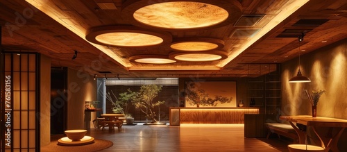 Elegant Hotel Reception in Kyoto, Japan: Minimalist Wooden Ceiling and Warm Lighting
