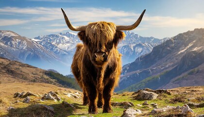 Tableau sur aluminium   A highland cow with huge, prevalent horns gazes at the camera.  © blackdiamond67