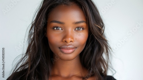 African beautiful woman portrait. Brunette long haired young model with dark skin and perfect smile