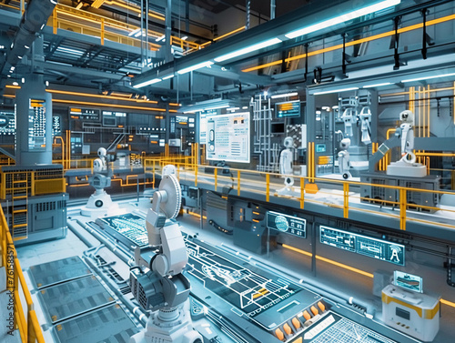 Industry 4.0 smart factory interior showcases advanced automation, machinery, and robotics in a futuristic industrial setting. Innovation, engineering, and interconnected systems 