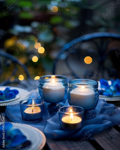 Elegant candlelit table setting adorned with blue flowers and soft lights creates a serene ambiance for an evening gathering photo