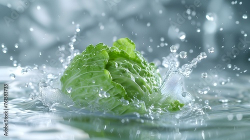 Cabbage Drop into Clear Water on a Shiny White Background