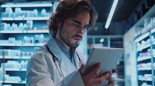 A handsome professional male pharmacist uses a digital tablet computer, checks the availability of medicines at the pharmacy