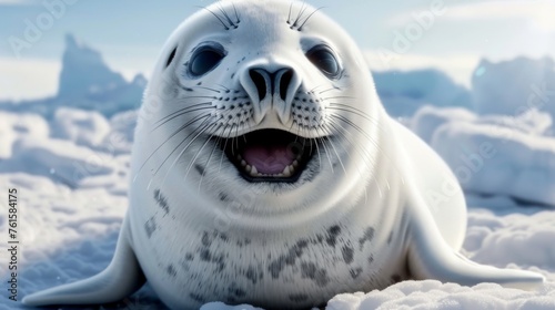  A young and cute Greenland seal, lying in the snow, smiling at the camera with a cute expression