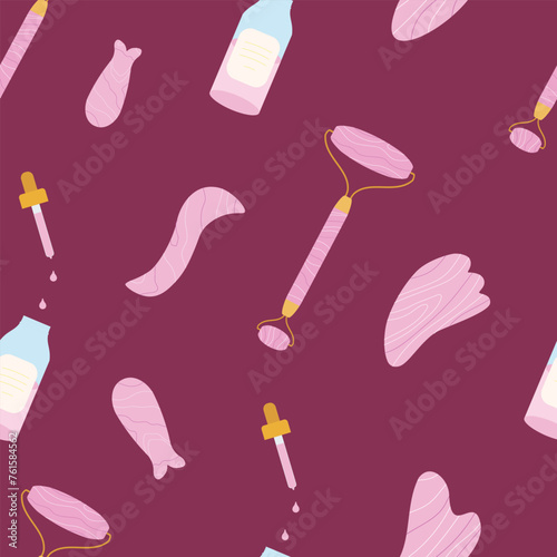Seamless pattern with facial massage devices gua sha roller ans stones, scrabber and massage oil. Home skin care treatment backgroundWeb