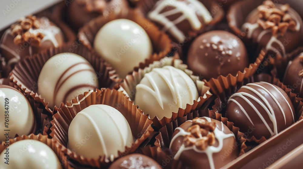 assorted chocolates in an open box, close-up. Candy background, assorted luxury chocolates, texture backgrounds, sweet backgrounds. banner
