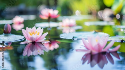 Tranquil Pond Landscape with Blooming Water Lilies