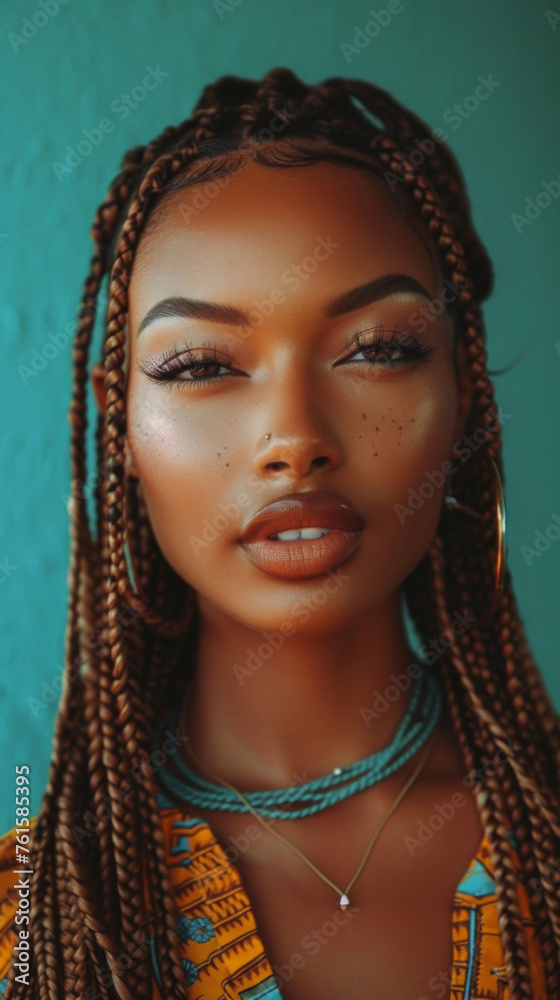 Portrait of a woman with braided hair wearing vibrant clothing against a colorful wall in a bright setting, highlighting her features and confident expression during a sunny day