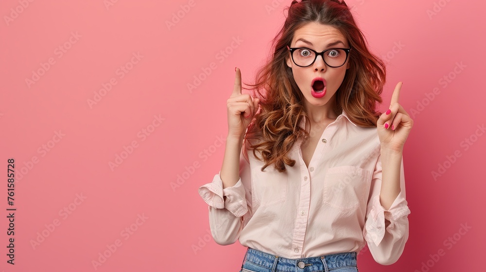 Portrait of shocked student lady promoter direct finger empty space wear casual shirt jeans pants isolated pink color background Portrait of shocked student lady promoter direct finger empty space wear casual shirt jeans pants isolated pink color background