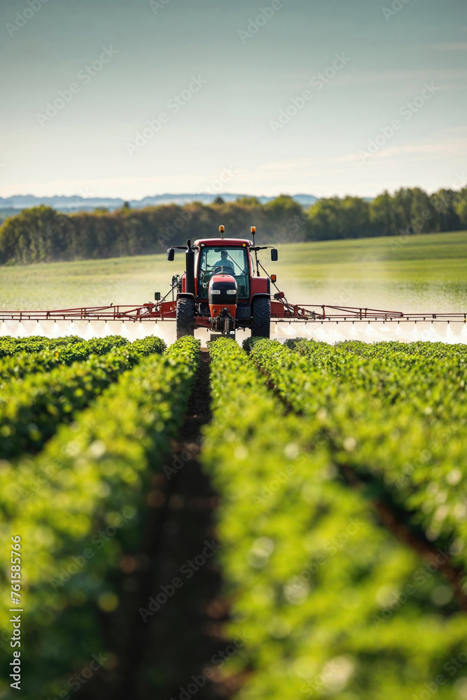 A tractor is spraying a field of green plants A tractor is spraying a field of green plants