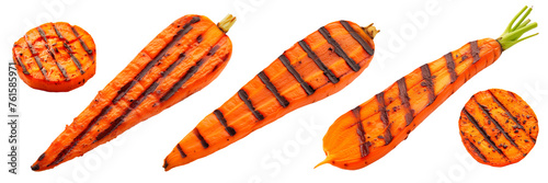 Set of fried halves of fresh carrots isolated on a white or transparent background. Grilled carrots close-up, side view. Design element for grill theme.
