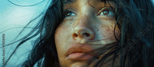 Closeup of a woman with freckles gazing at the sky, showcasing her nose, eyebrow, mouth, eyelash, jaw, and iris. Her smile and gesture depict a sense of fun and art