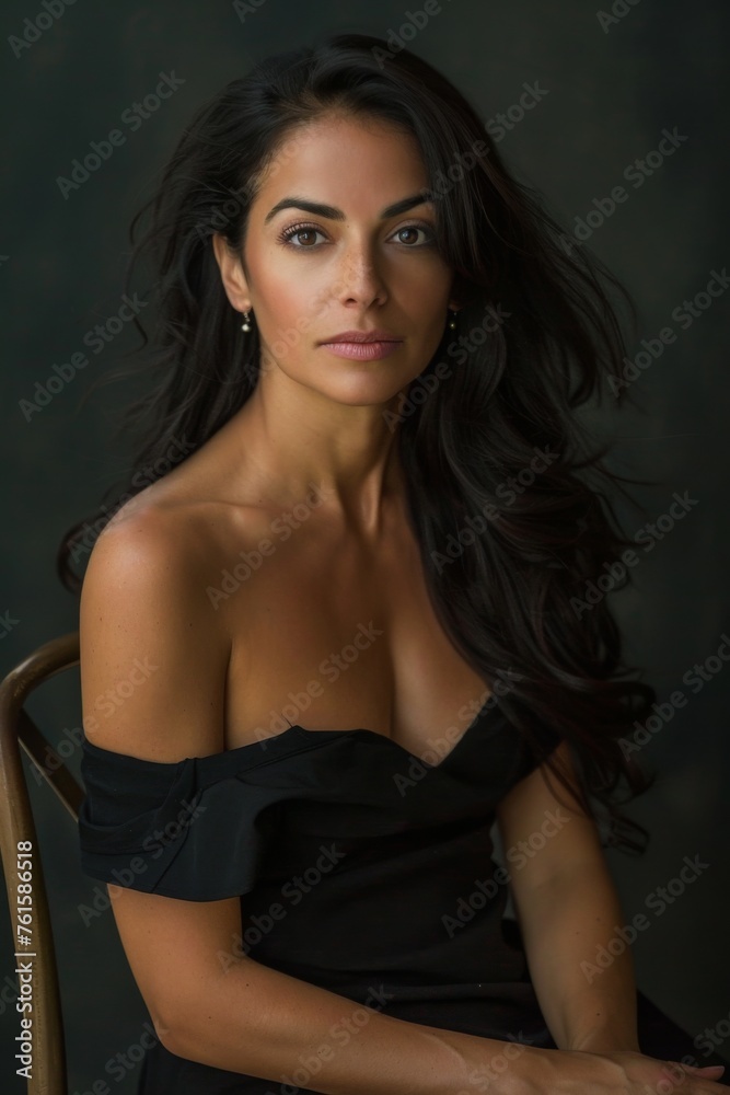Elegant woman with long dark hair poses gracefully in stylish black dress against a soft backdrop, showcasing her confident expression and poise in a studio setting Elegant woman with long dark hair poses gracefully in stylish black dress against a soft backdrop, showcasing her confident expression and poise in a studio setting