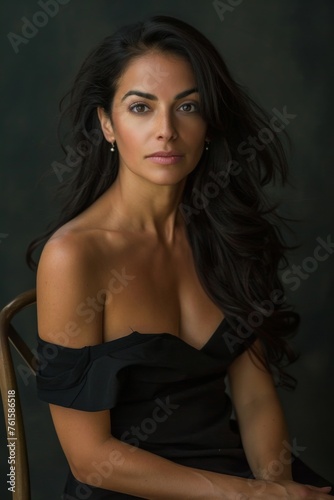 Elegant woman with long dark hair poses gracefully in stylish black dress against a soft backdrop, showcasing her confident expression and poise in a studio setting