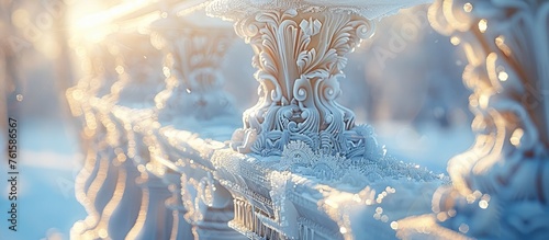 Intricate Ice Sculpture of Baroque Column Basking in Soft Winter Sunlight