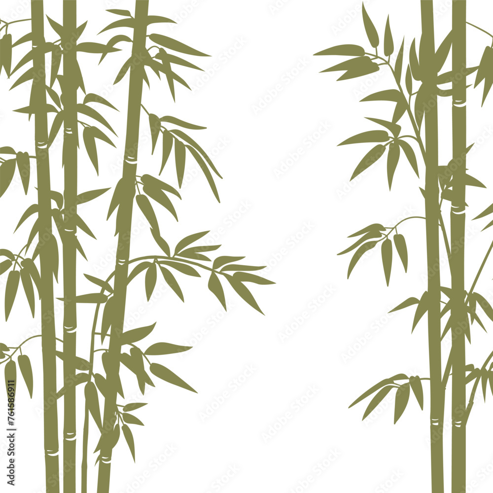 Naklejka premium Green bamboo background. Cartoon Chinese or Japanese flora backdrop, asian bamboo forest plants with branches and leaves flat vector illustration. Bamboo sprouts pattern