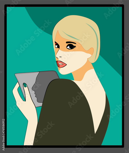 Abstract green background ,woman turns on the tablet