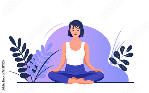 Woman in lotus pose meditating in nature. Conceptual illustration for yoga  meditation  relaxation  rest  healthy lifestyle